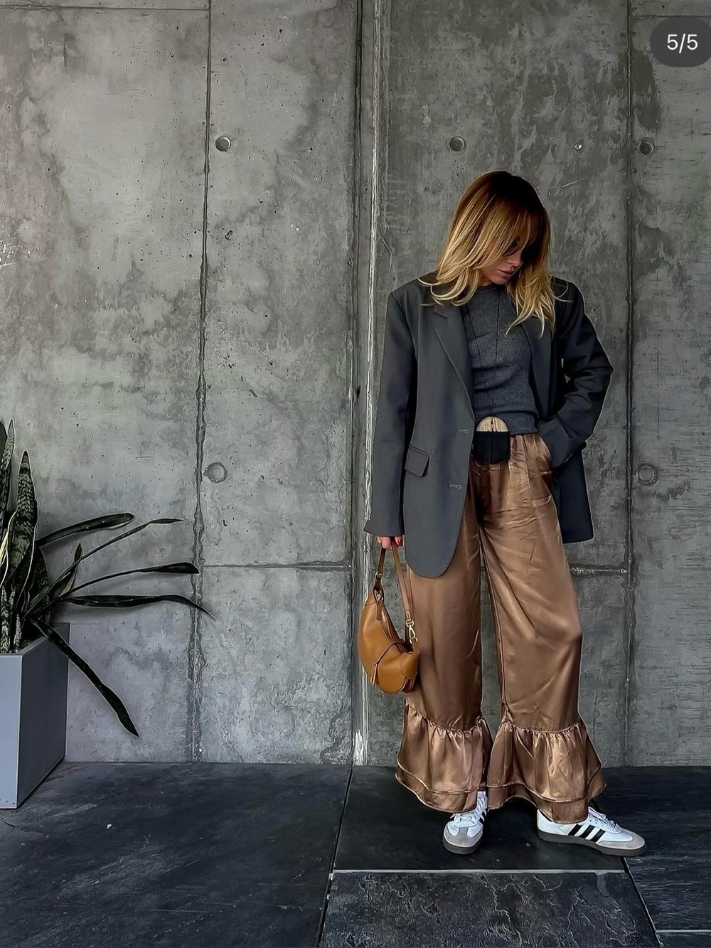 Satin Wide-Leg Ruffle-Hem Pants in Bronze - Picture 6 of 6